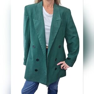 Vintage David Hollis Green 100% Silk Double Breasted Blazer Size 8